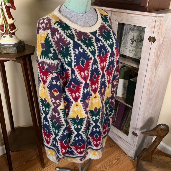 Vintage 80s Colorful Geometric Aztec Pattern Funky Indie Oversized Knit Sweater - Picture 4 of 9